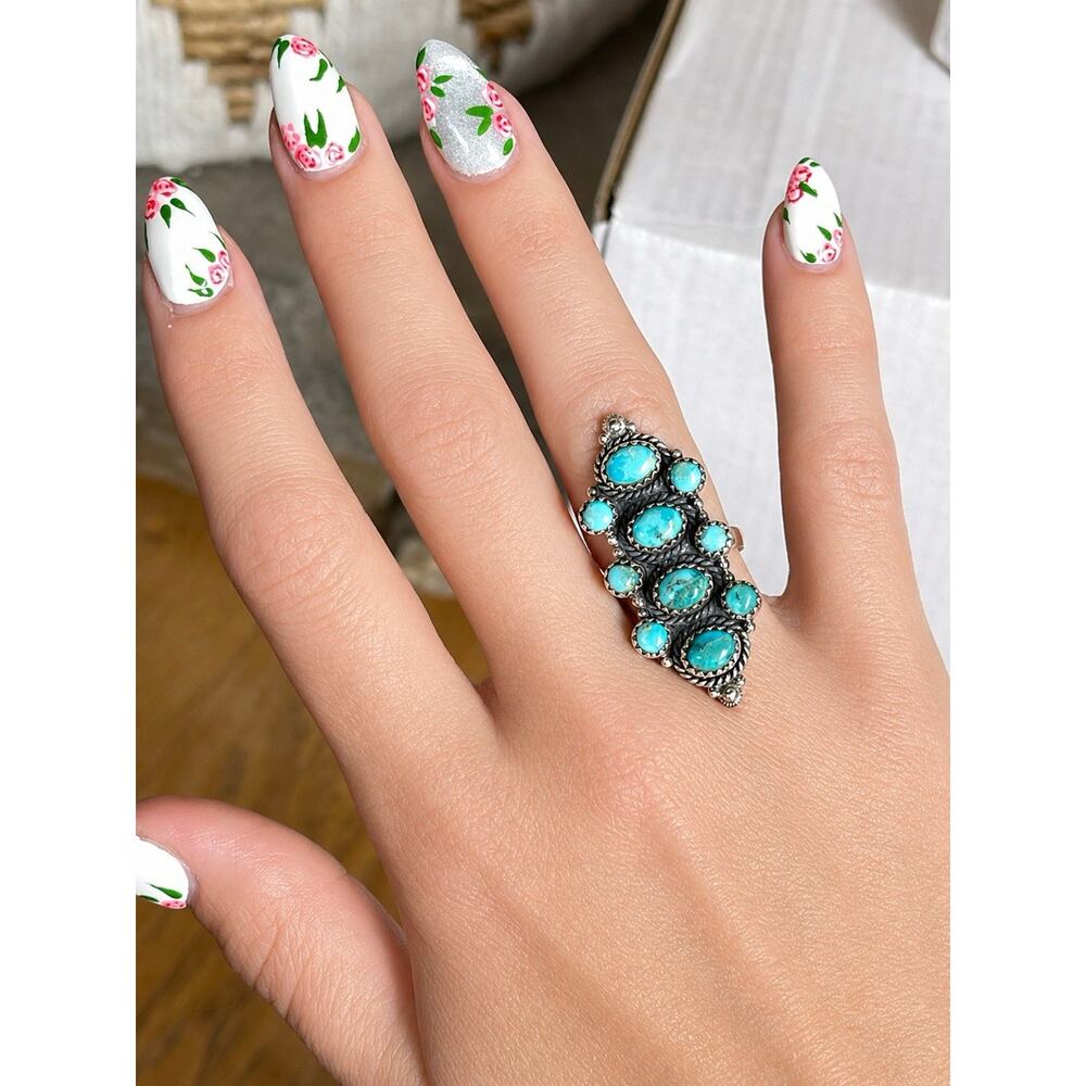 Turquoise Cluster Ring Sterling Silver Native Style Southwest Long Adjustable - Picture 5 of 10